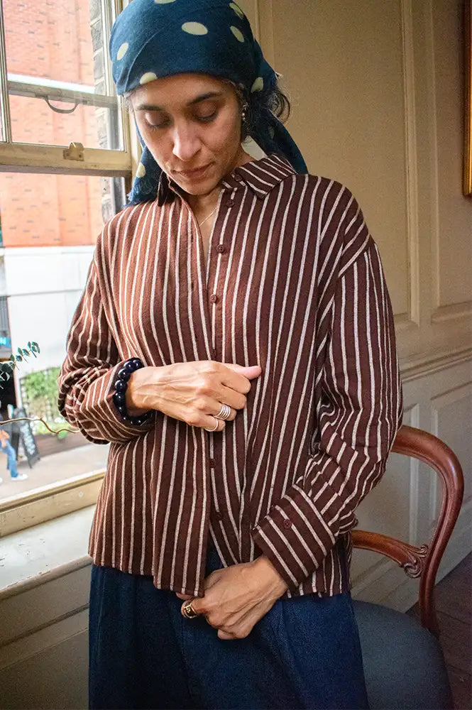 Thinking Mu O'Hara Brown Manuela Brushed Stripe Shirt