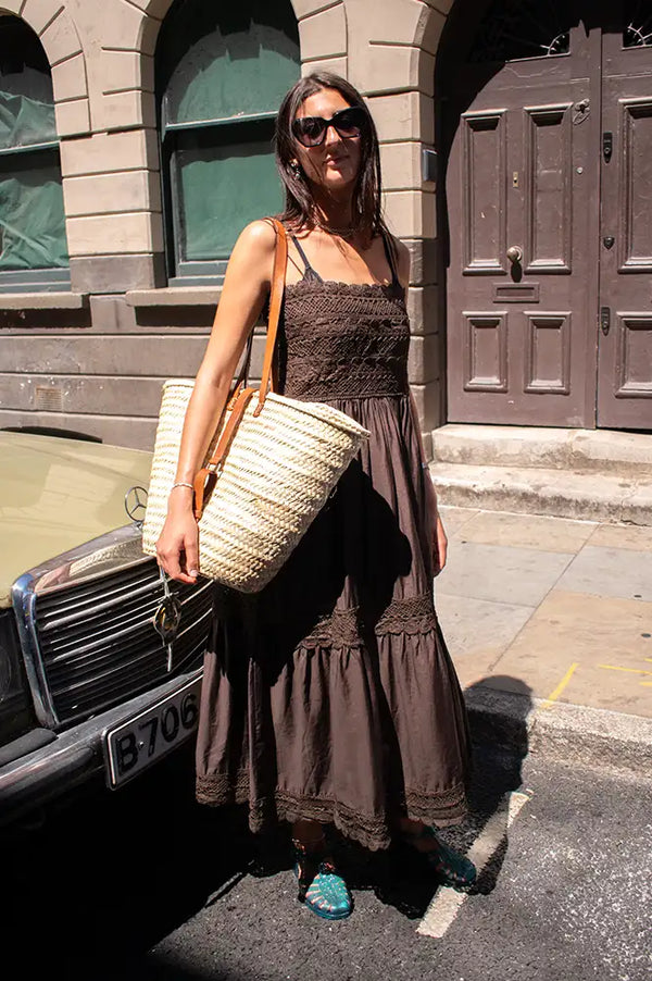 CUBIC Crochet Lace Panelled Maxi Brown Cami Dress