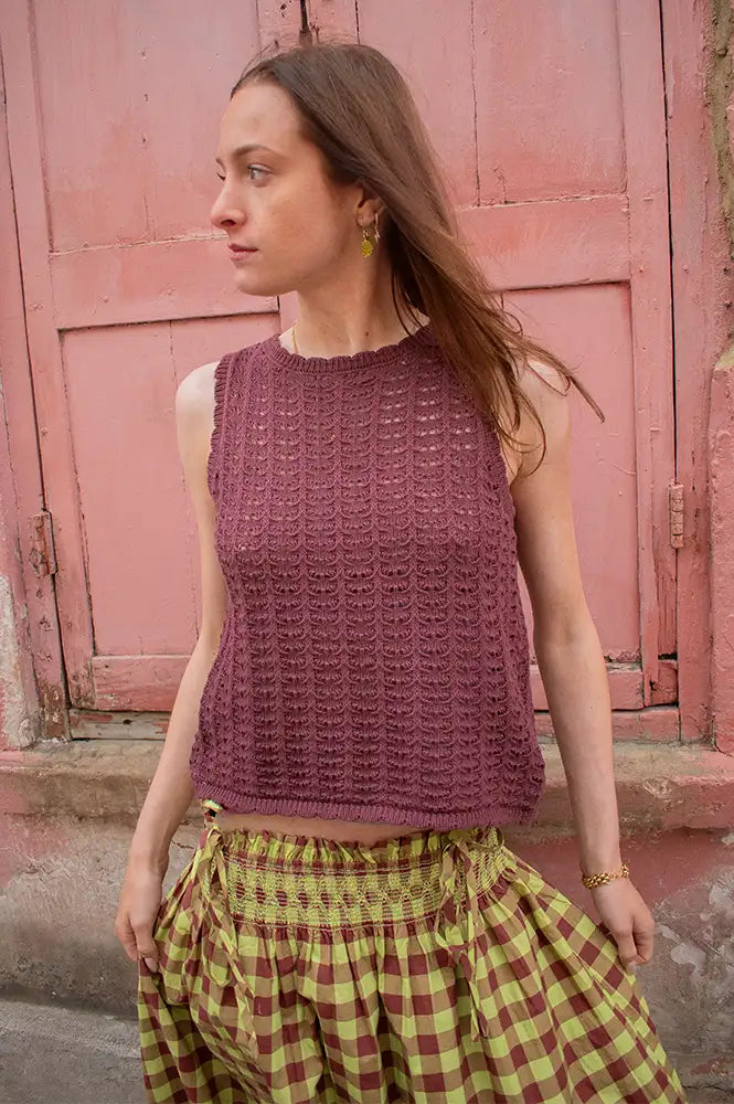 ICHI Dosia Vineyard Wine Knitted Tie Top - The Mercantile London