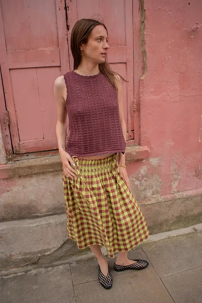 ICHI Dosia Vineyard Wine Knitted Tie Top - The Mercantile London