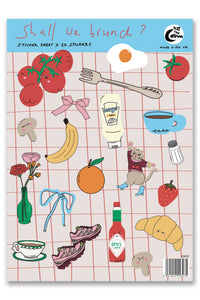 Packaging of 'Shall We Brunch?' sticker set with illustrations on a grid background