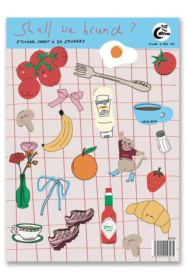 Packaging of 'Shall We Brunch?' sticker set with illustrations on a grid background