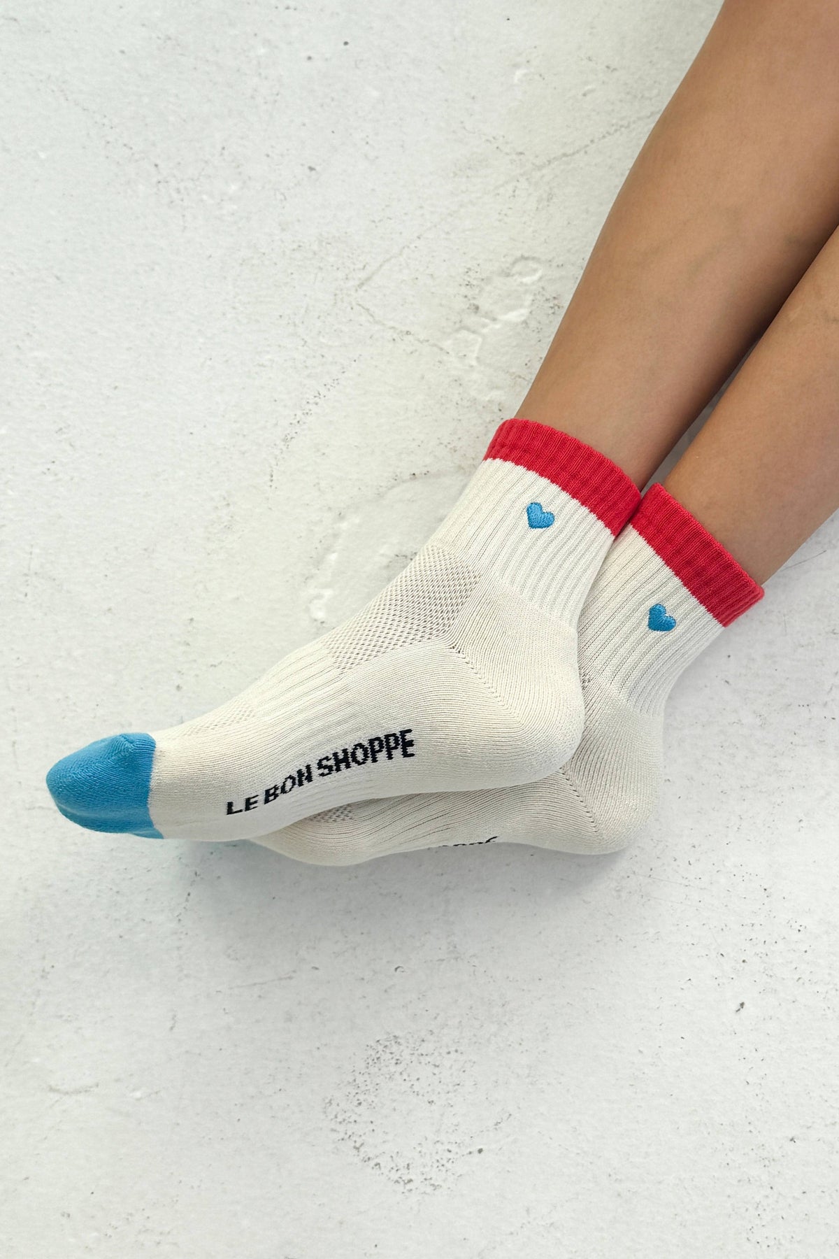 Embroidered Color Block Girlfriend Socks (wholesale): BLUE RED + HEART - The Mercantile London