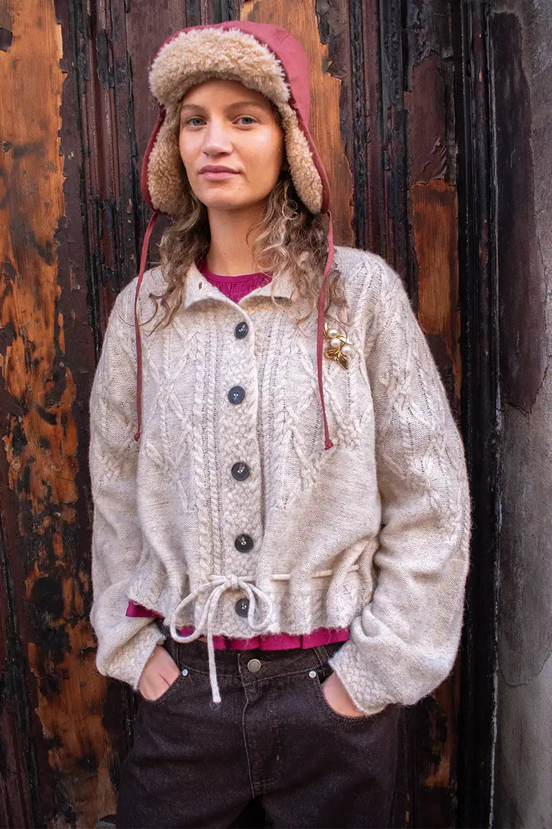Object Gunvi Macadamia Cable Knitted Cardigan - The Mercantile London