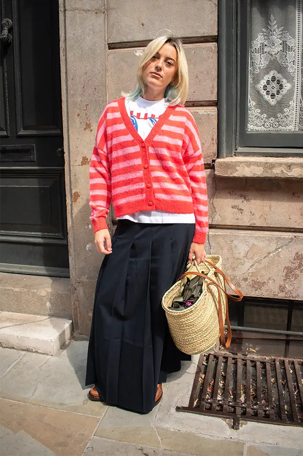 ICHI Blush Pink & Red Stripe Cardigan