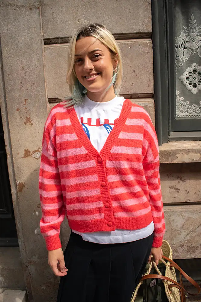 ICHI Blush Pink & Red Stripe Cardigan