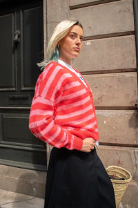 ICHI Blush Pink & Red Stripe Cardigan