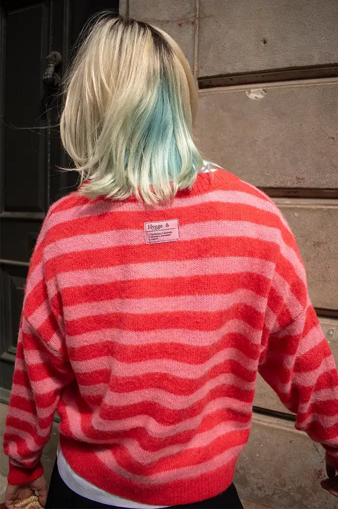 ICHI Blush Pink & Red Stripe Cardigan