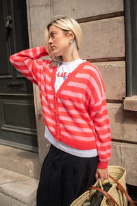 ICHI Blush Pink & Red Stripe Cardigan