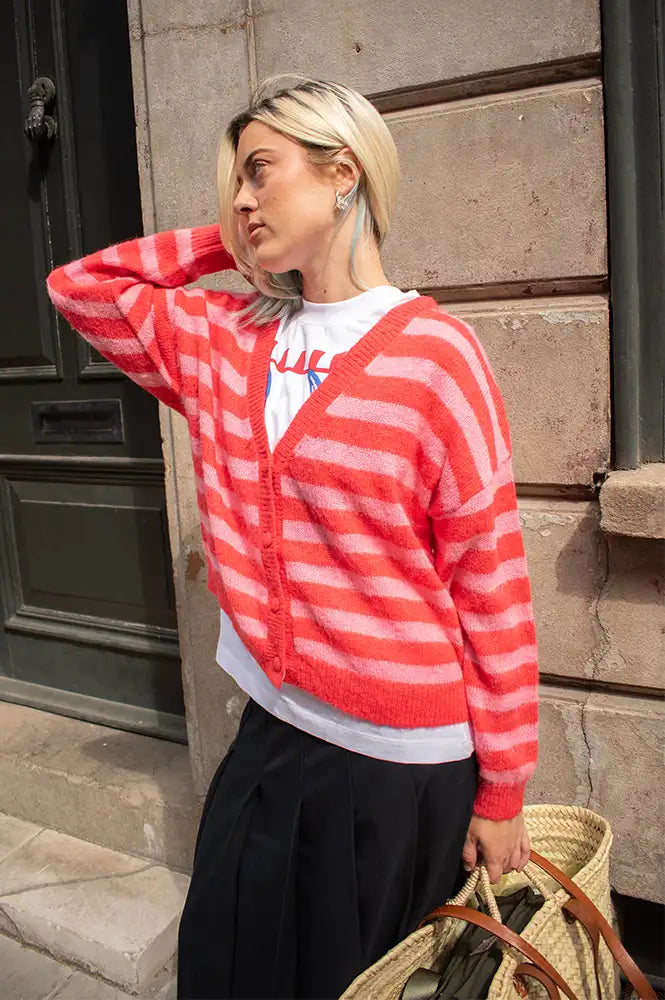 ICHI Blush Pink & Red Stripe Cardigan