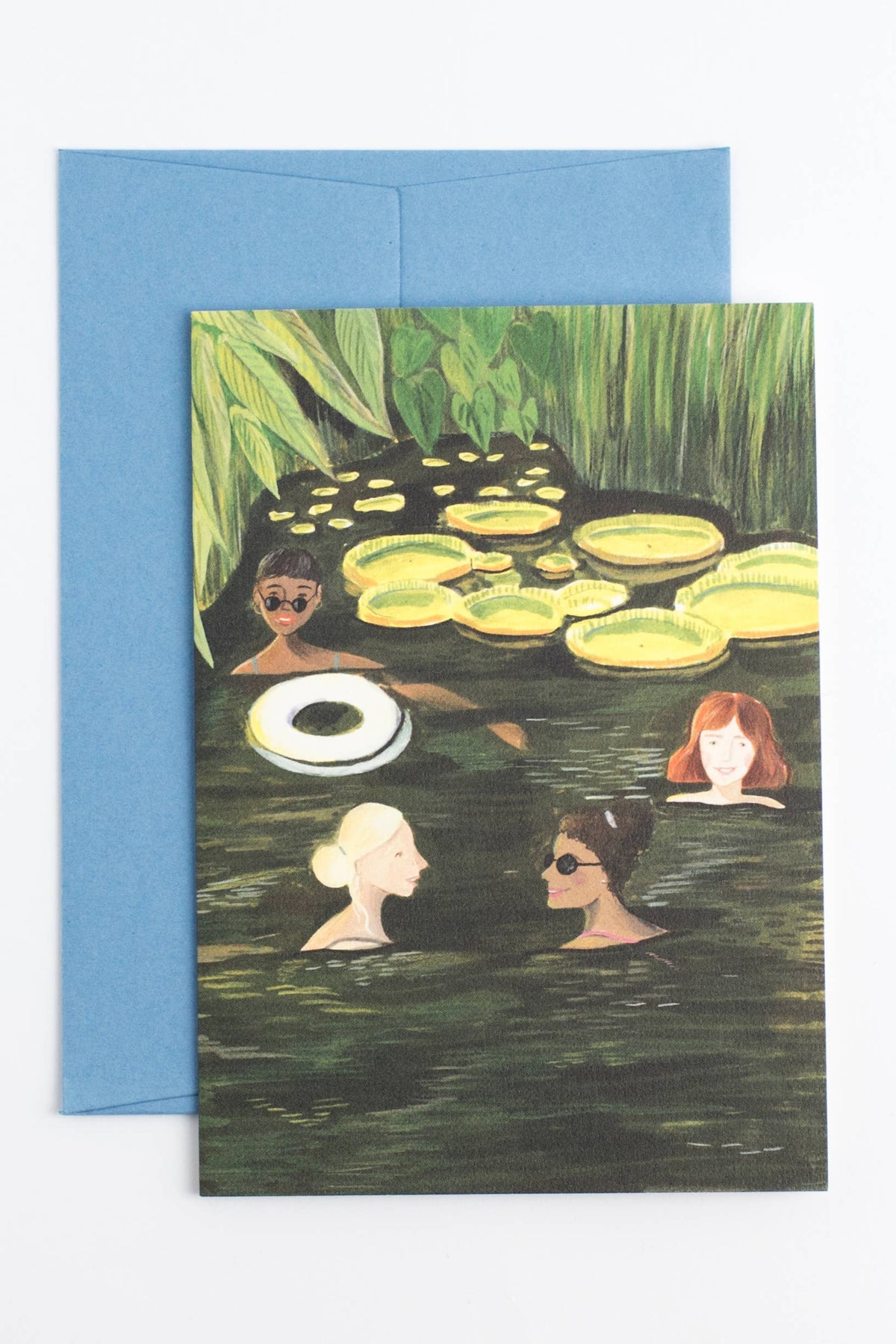 Greeting card with artistic illustration of people in water and lily pads, blue envelope.