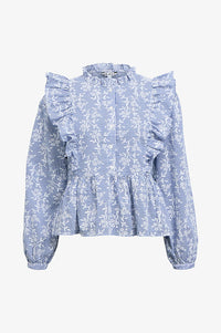 Object Ciara Check Denim and White Frill Blouse