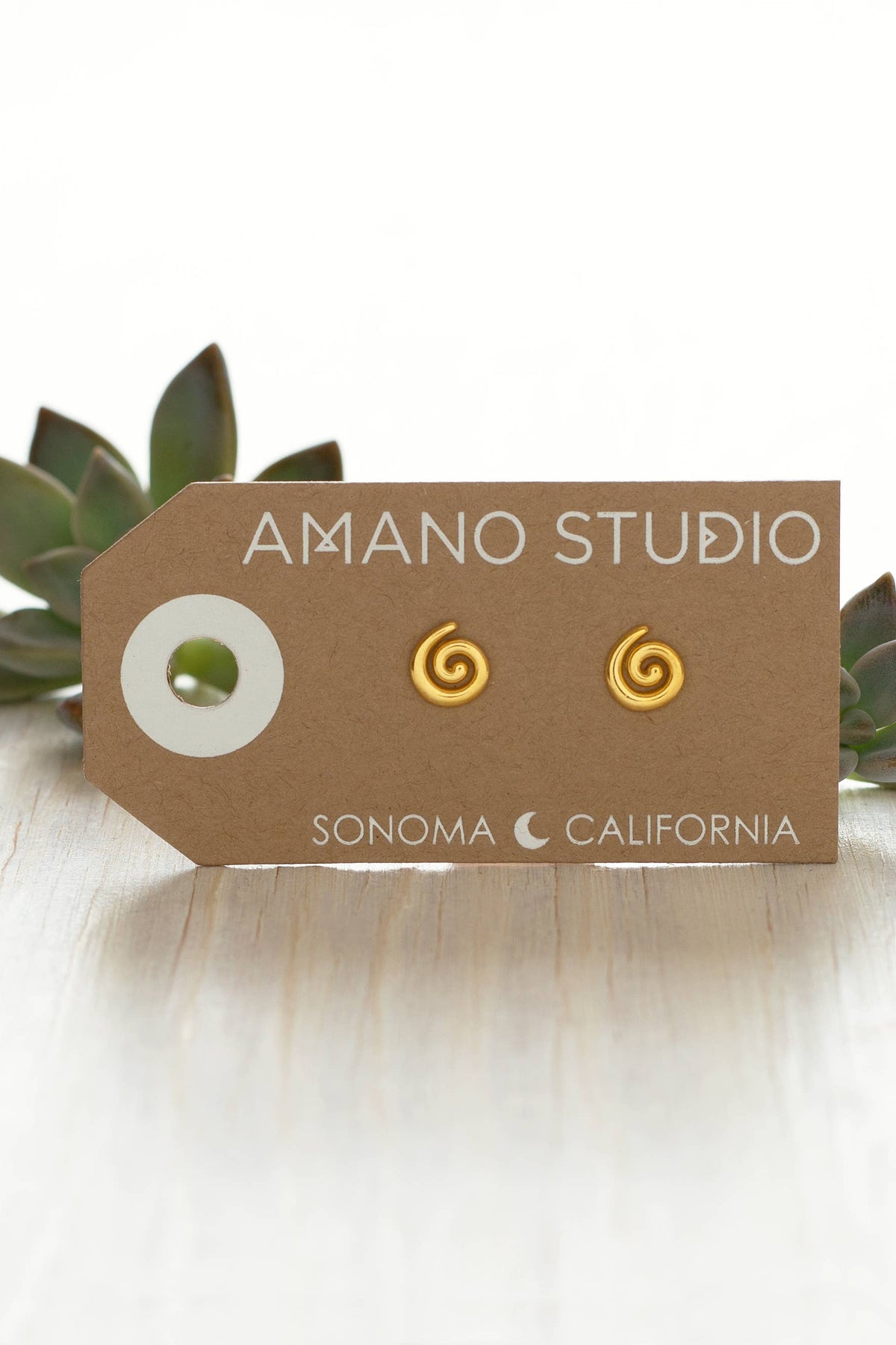 Gold spiral earrings on a 'Amano Studio' branded card with succulents in the background