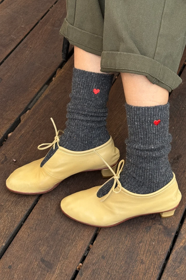 Le Bon Shoppe Charcoal Heart Embroidered Snow Socks - The Mercantile London