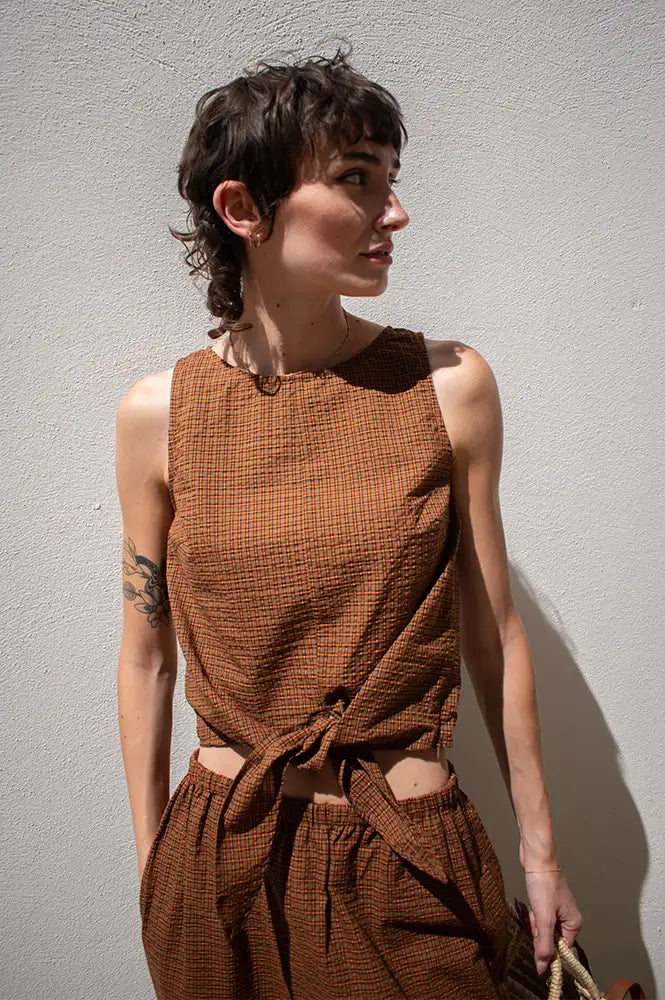 Amente Brown & Orange Checkered Tie Top