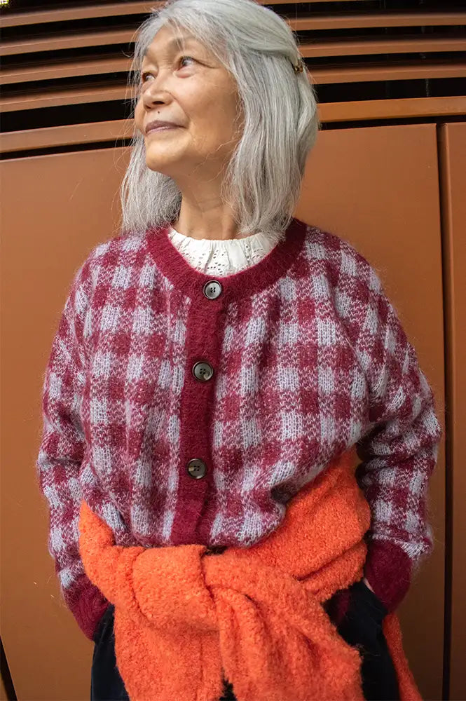 FRNCH Aomori Bordeaux Checked Cardigan