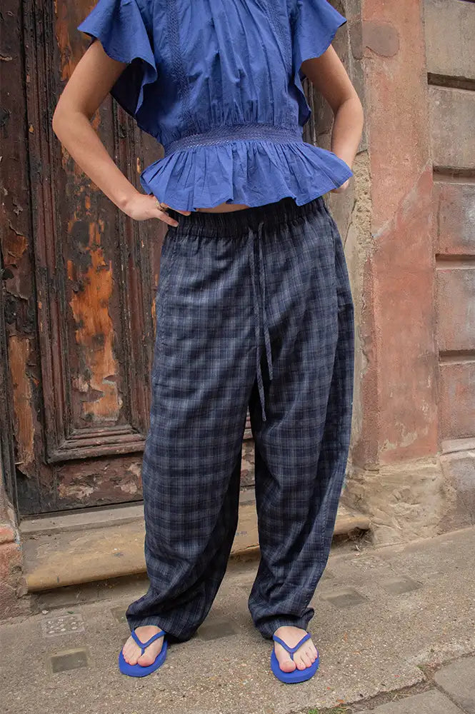 ICHI Trine Total Eclipse Navy Check Trousers - The Mercantile London