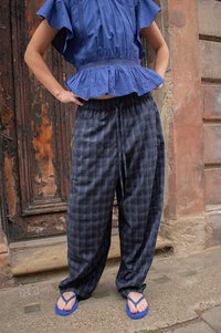 ICHI Trine Total Eclipse Navy Check Trousers - The Mercantile London