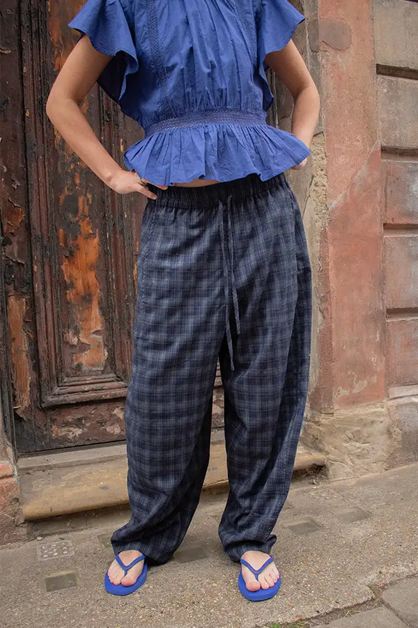 ICHI Trine Total Eclipse Navy Check Trousers - The Mercantile London