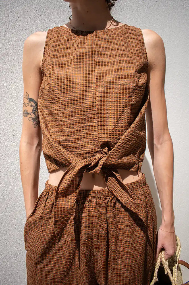 Amente Brown & Orange Checkered Tie Top