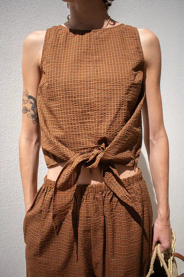 Amente Brown & Orange Checkered Tie Top