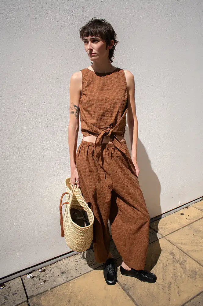 Amente Brown & Orange Checkered Drawstring Trousers
