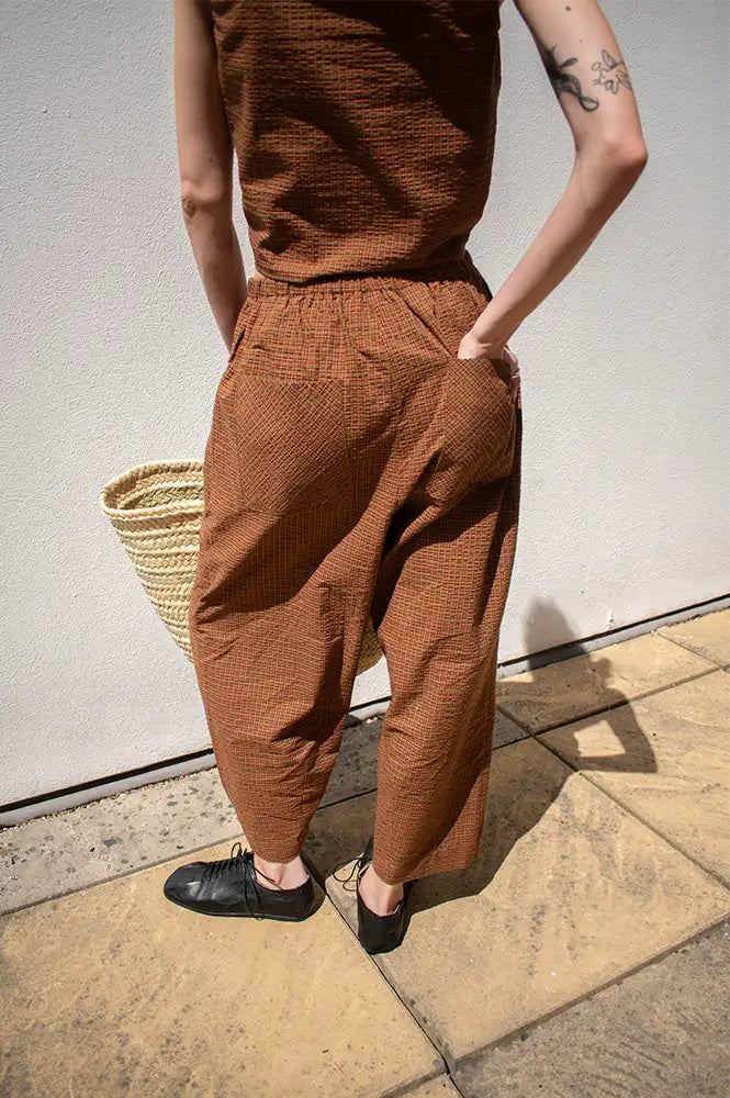 Amente Brown & Orange Checkered Drawstring Trousers