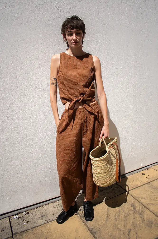Amente Brown & Orange Checkered Drawstring Trousers