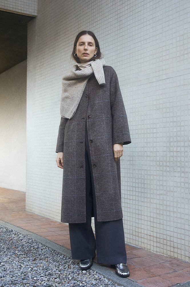 Yerse Wool Blend Long Brown Checked Coat - The Mercantile London