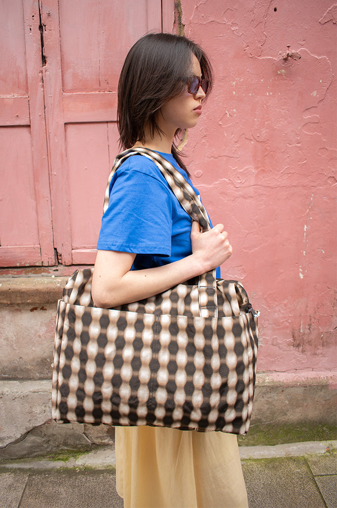 Baggu Blurred Brown Gingham Small Cloud Carry-On Bag - The Mercantile London