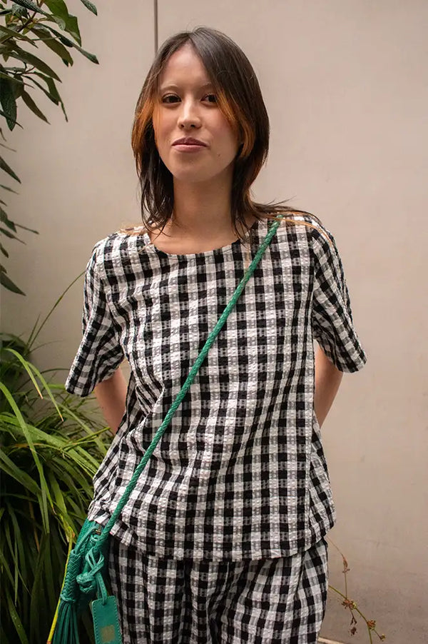 ICHI Karra Black & White Check Top