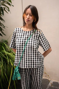 ICHI Karra Black & White Check Top