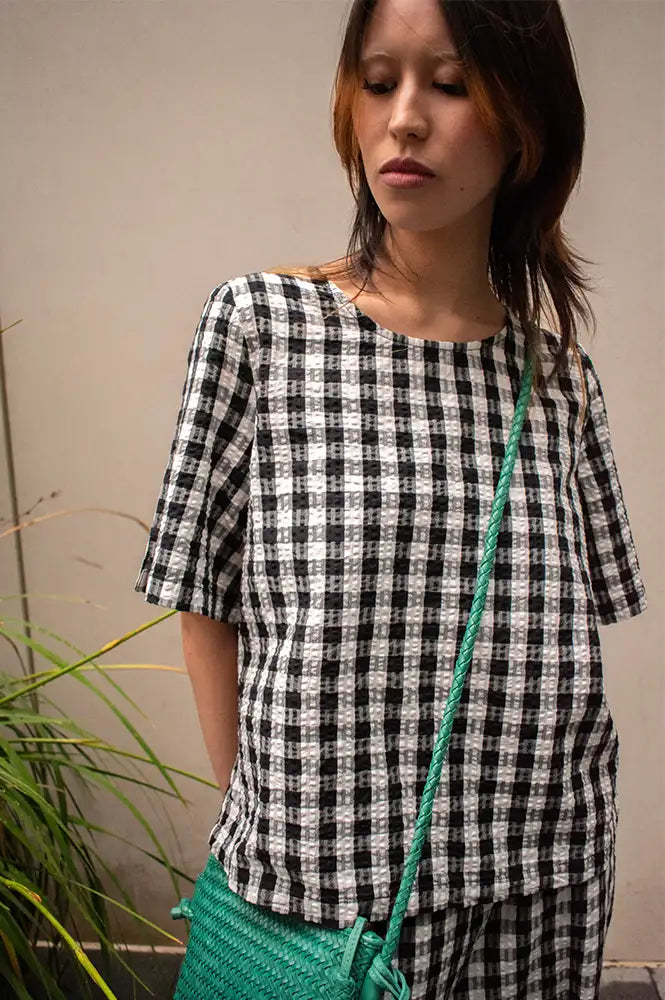 ICHI Karra Black & White Check Top