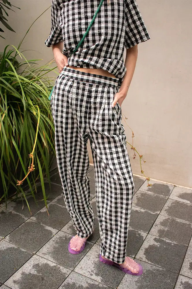 ICHI Karra Black & White Check Barrel Leg Trousers