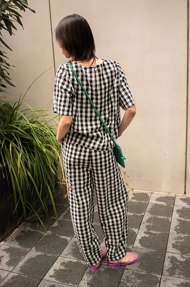 ICHI Karra Black & White Check Barrel Leg Trousers