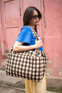 Baggu Blurred Brown Gingham Small Cloud Carry-On Bag - The Mercantile London