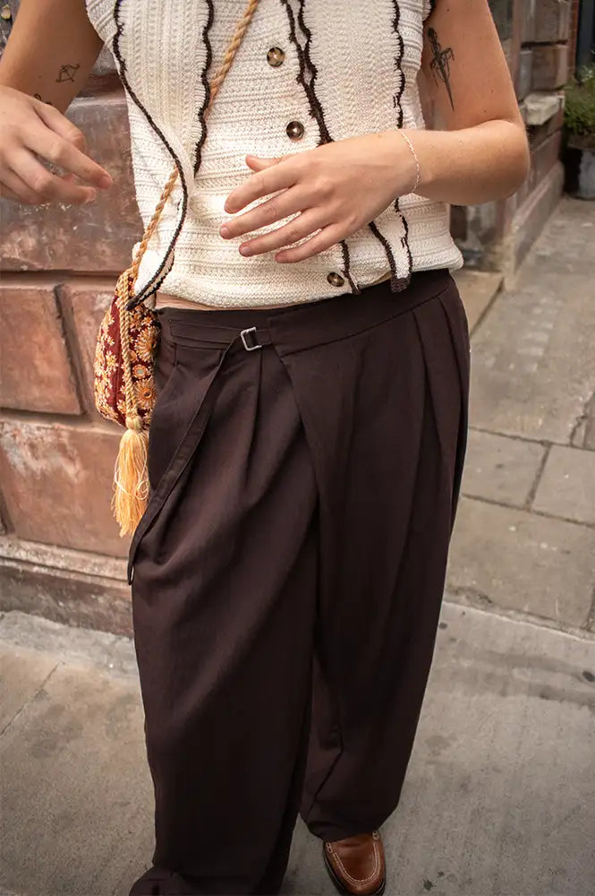 ICHI Leslie Chocolate Detail Wide Leg Trousers