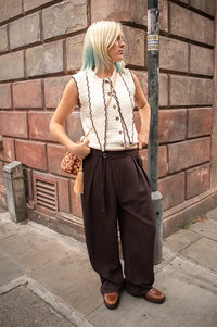 ICHI Leslie Chocolate Detail Wide Leg Trousers