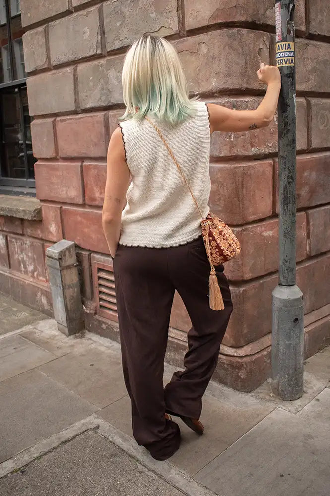 ICHI Leslie Chocolate Detail Wide Leg Trousers