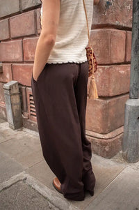 ICHI Leslie Chocolate Detail Wide Leg Trousers