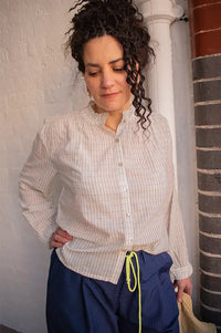 M.A.B.E Chrissie Ochre And Navy Check Blouse - The Mercantile London