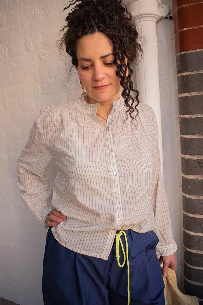M.A.B.E Chrissie Ochre And Navy Check Blouse - The Mercantile London