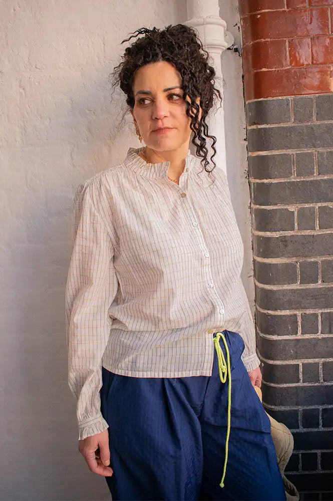 M.A.B.E Chrissie Ochre And Navy Check Blouse - The Mercantile London