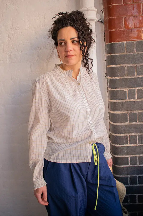 M.A.B.E Chrissie Ochre And Navy Check Blouse - The Mercantile London