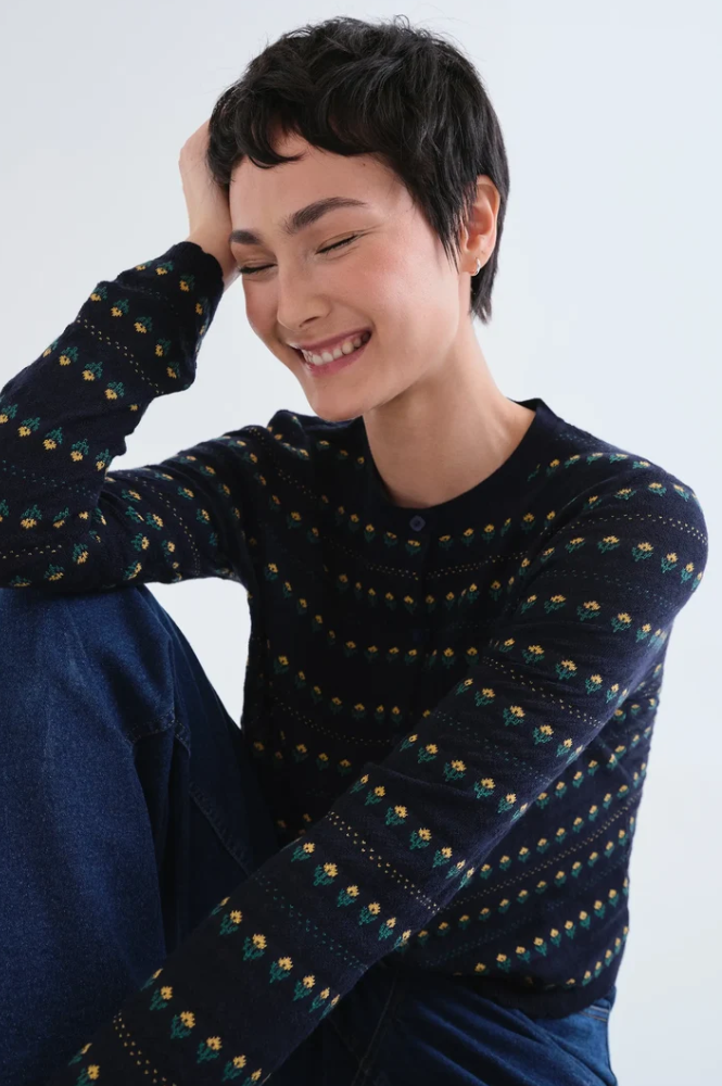 Compania Fantastica Navy Embroidered Flower Cardigan