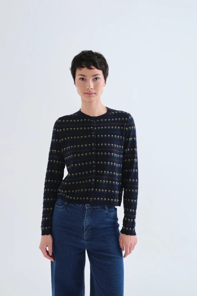 Compania Fantastica Navy Embroidered Flower Cardigan