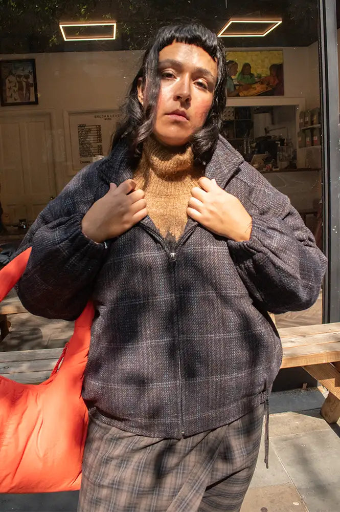 Nice Things Checked Grey Wool Padded Bomber Jacket