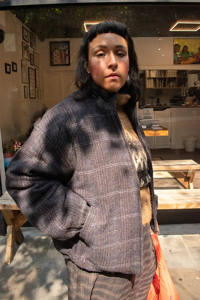 Nice Things Checked Grey Wool Padded Bomber Jacket