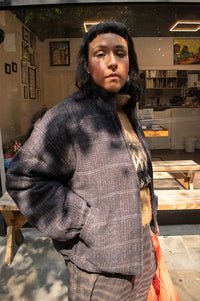 Nice Things Checked Grey Wool Padded Bomber Jacket