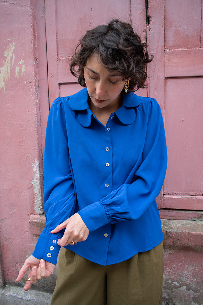 Louche Octavia Blue Crepe Petal Blouse - The Mercantile London